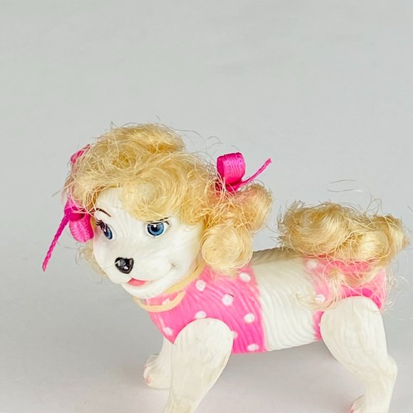 Barbie White Poodle Dog Blond Curly Hair Pink Bows Movable Feet Toy Figure - Picture 1 of 6